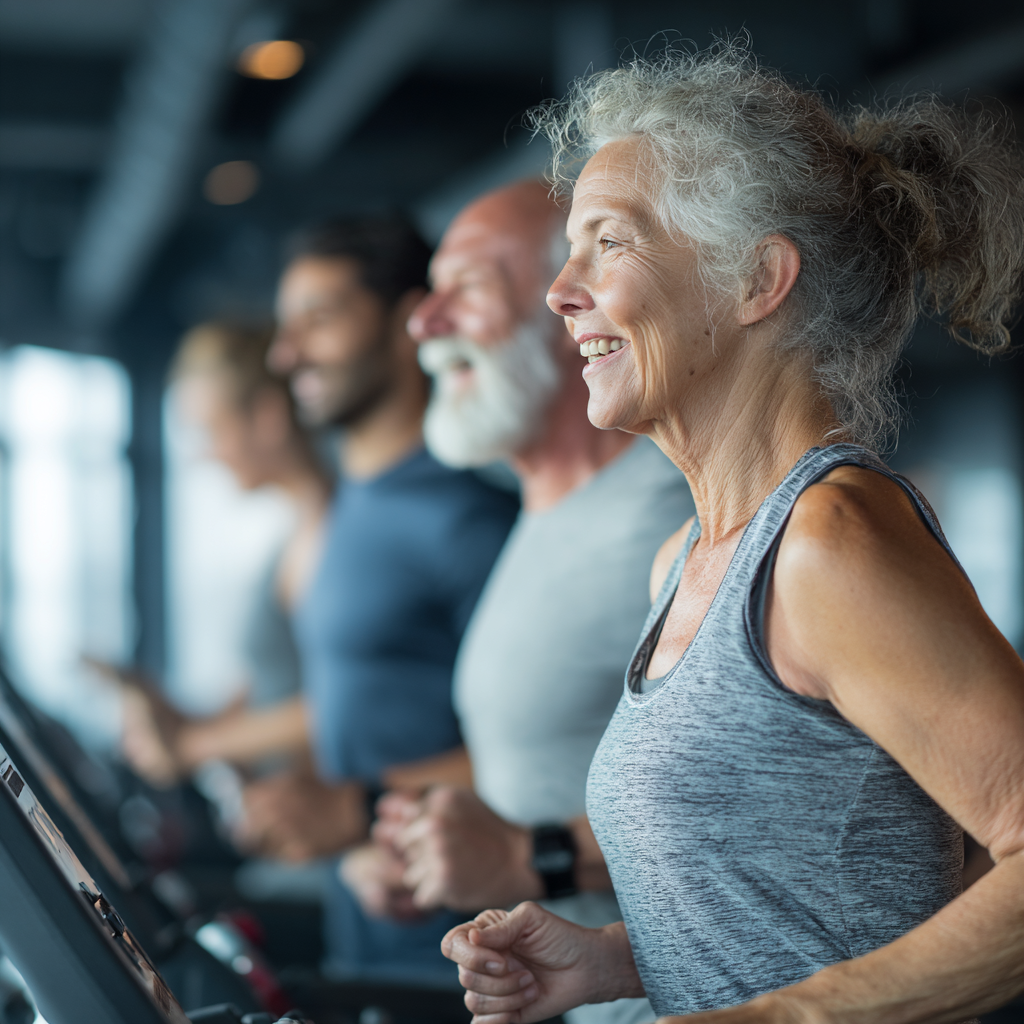 mature adults exercising in modern fitness facility